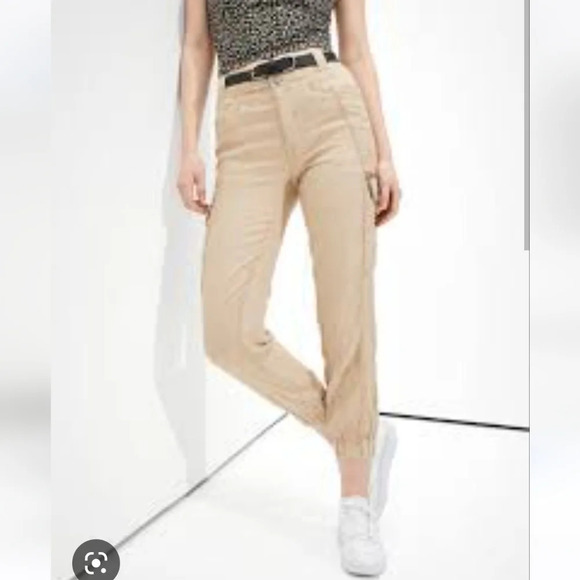 American Eagle Outfitters Pants - American Eagle Tan Linen Blend Cargo Elastic Cuff Joggers Size Women 16